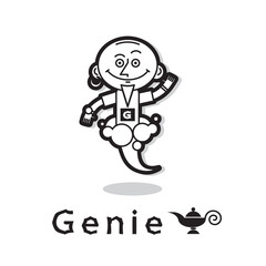 A funny genie in the smoke. Vector icon, monochrome isolated illustration. Cartoon character.