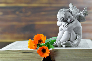 Condolence card with angel guardian and flowers
