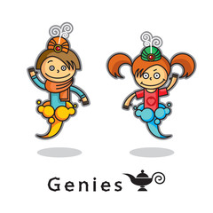 Two genie - male and female in the smoke. Vector icon, isolated illustration. Cartoon characters.