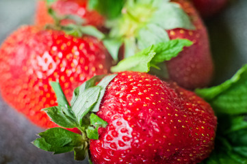 A beautiful ripe fresh strawberry with refreshing mint and sweet powdered sugar on the background of a concrete lid