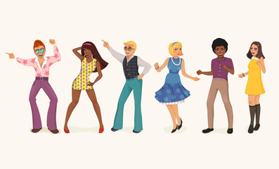 Obraz premium Dancing people in a retro disco. Man and woman in 60s, 70s style. Cartoon vector illustration.