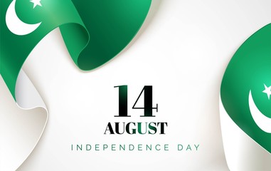 14 August. Pakistan Independence Day greeting card. Waving pakistan flags isolated on white background. Patriotic Symbolic background  Vector illustration