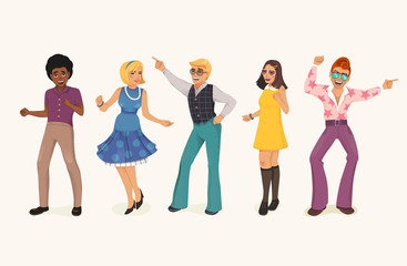 Obraz premium Dancing people in a retro disco. Man and woman in 60s, 70s style. Cartoon vector illustration.