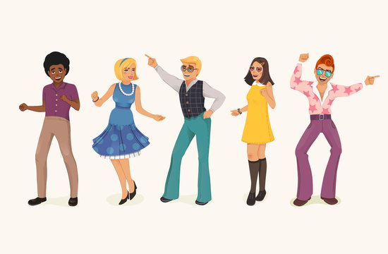 Dancing people in a retro disco. Man and woman in 60s, 70s style. Cartoon vector illustration.