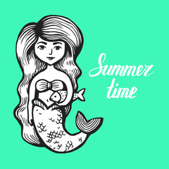 Mermaid with long hair and fish. Hand Drawn summer Doodle. Vector Illustration cartoon character. Young girl