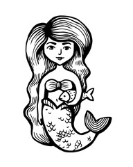 Mermaid with long hair and fish. Hand Drawn summer Doodle. Vector Illustration cartoon character. Young girl