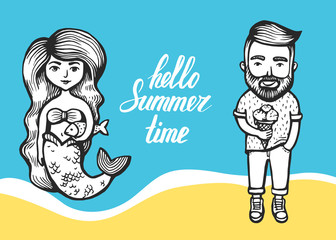 Mermaid with long hair and fish and Hipster with ice cream on a marine background. summer Doodle with lettering. cartoon character.