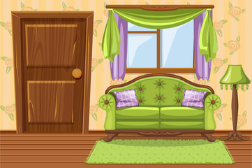 Set Vector cartoon Green Vintage cushioned furniture, Living room