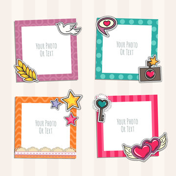 Photo frame with heart, love and romantic. Album template for couples, kid, girl, family or memories. Scrapbook concept, vector illustration.