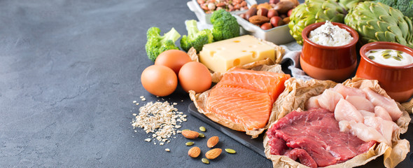 Naklejka na ściany i meble Assortment of healthy protein source and body building food