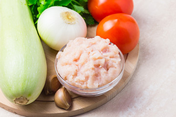 Raw ingredients for healthy zucchini lasagna, casserole, pizza. 