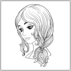 A young beautiful girl.  Portrait.  Outline hand drawing. Stock line vector illustration.