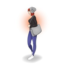 Attractive red haired young woman in fitness outwear holding a sports bag and wearing headphones - vector illustration