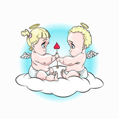 Chibi cute little cipids fall in love. They are sitting on a cloud and holding heart arrow. Sky round background. Stock vector cartoon illustration