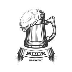 Wooden beer mug logo - vector illustration, emblem brewery design on dark background.