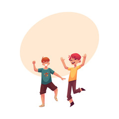 Two funny boys, kids having fun, dancing at party, cartoon vector illustration with space for text. Happy boys dancing, jumping at a kids, birthday party, having fun