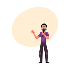 Young Latin man singing karaoke, holding microphone, cartoon, comic style vector illustration with space for text. Full length portrait of karaoke singer, competition, party, celebration