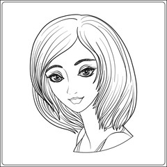 A young beautiful girl.  Portrait.  Outline hand drawing. Stock line vector illustration.