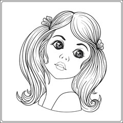 A young beautiful girl.  Portrait.  Outline hand drawing. Stock line vector illustration.