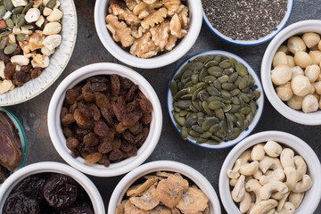 Ingredients for homemade granola on the grey