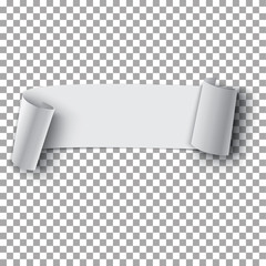 White realistic curved paper banner on transparent background. Vector illustration.