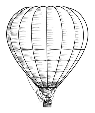 Hot air balloon illustration, drawing, engraving, ink, line art, vector
