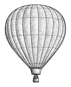 Hot air balloon illustration, drawing, engraving, ink, line art, vector