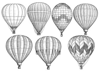 Naklejka premium Ilustracja kolekcja balon na gorące powietrze, rysunek, grawerowanie, atrament, grafika liniowa, wektor