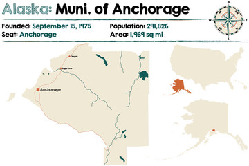 Large and detailed map of the Municipality of Anchorage in Alaska.