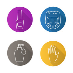 Manicure flat linear long shadow icons set