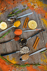 the fragrance of spices, red pepper, black pepper, mustard,sunflower seeds ,and orange slices of citrus fruits on dark wooden background of the table.