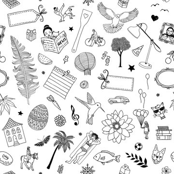 Seamless pattern of random items, like birds, flowers, trees, cats, frames, people, labels etc.