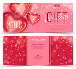 Gift voucher template with red hearts 200. Concept for gift coupon, banner, flyer, invitation ticket. Two side of discount voucher or gift certificate layout.