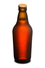 Brown wet Bottle of beer isolated on white background