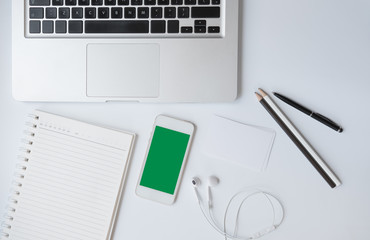 business working on the laptop at the office, Looking for direction and inspiration, Office desk table with computer, Copy space for text, Top view and white background 
