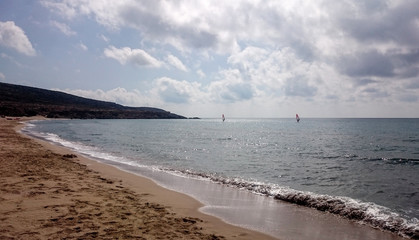 Beach Prasonisi. Rhodes Island. Greece. Prasonisi confluence of the Aegean and Mediterranean seas. The place for windsurfers and kitesurfers from around the world.