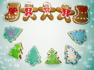 christmas cookies gingerbread and decoration on wooden background