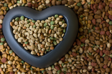 Dry pet food with big heart bowl and place for your text.