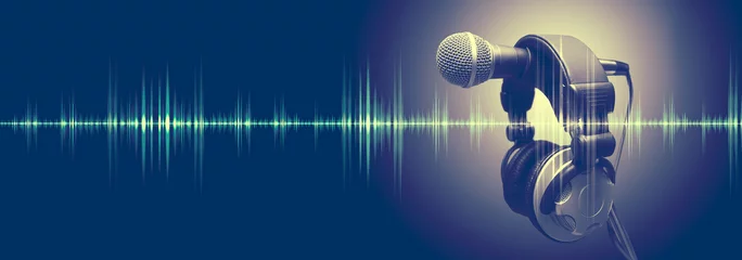 Rolgordijnen Studio microphone and sound waves.Sound engineering and karaoke background.Music and radio concept banner © C.Castilla