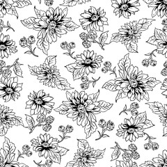 Flowers seamless pattern, vector, black and white