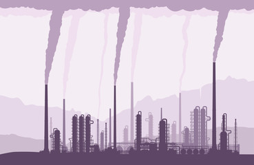 Oil and gas refinery or chemical plant with smoking chimneys. Crude oil processing and refining. Vector illustration.