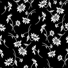 Flowers seamless pattern, vector, black and white