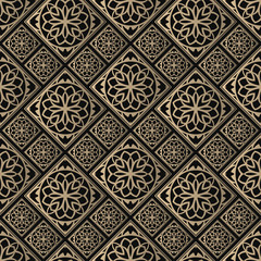 Seamless pattern oriental ornament. Black and golden textile print. Islamic vector design. Floral tiles.