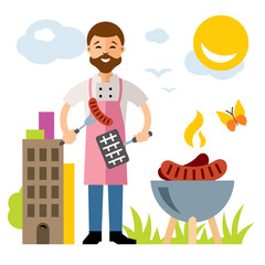 Vector Chef Barbecue. Flat style colorful Cartoon illustration.