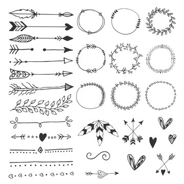 Hand drawn wedding design elements, arrows, circles boders hearts and feathers.