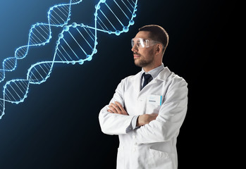 scientist in lab coat and safety glasses with dna