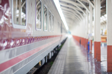 blurred image at railway station train station Railway train on the railroad,Thailand