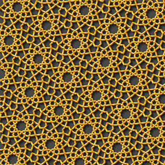 Arabic traditional islamic pattern, perfect for invitation or brochure in eastern style.Arabic stars golden tracery. Gold shiny ornament with 3D effect and volume