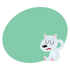 Baby polar bear having headache, sitting with closed eyes, holding its head, cartoon vector illustration with space for text. Little white, polar bear having headache, head ache