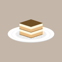 Tiramisu cake italian dessert in plate, flat design vector